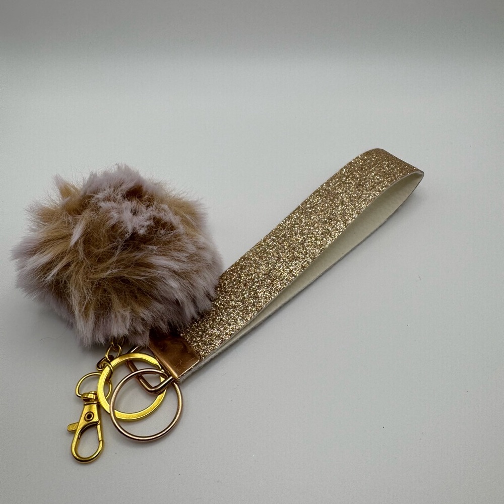 Gold Glitter Wristlet Keychain with Fur Pom Pom